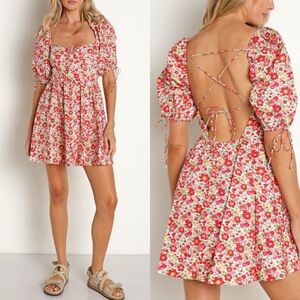 NWT For Love & Lemons Floral Auden‎ Puff Sleeve Floral Mini Dress in Pink - L